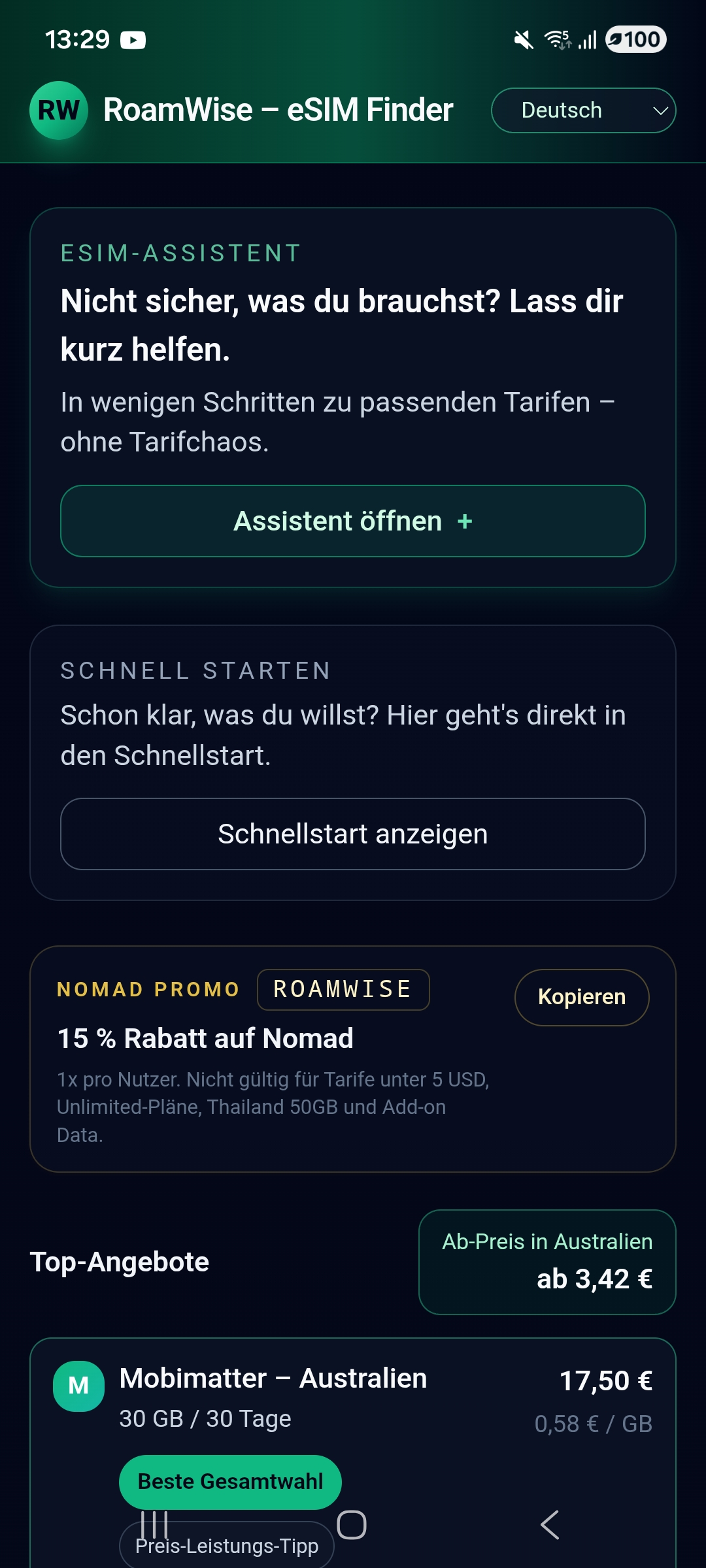 RoamWise-App mit eSIM-Assistent, Schnellstart und Tarifangeboten